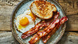 illustration of a food photo of toast, bacon and fried eggs on a plate