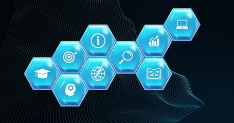 Sticker - Image of education and learning icons on blue hexagons over mesh on black background