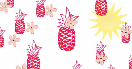 Wall Mural - image of flower icons over sun and pineapples