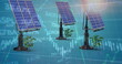 Image of solar panels with plants over graph and trading board