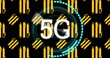 Image of 5g text and scanner over orange pens repeated on black background