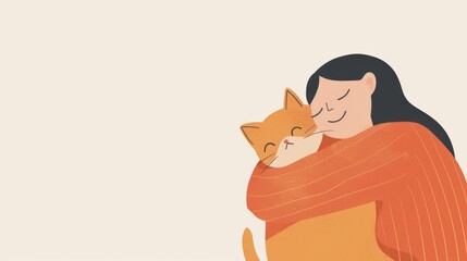 Cute girl hug funny red fat cat. Art illustration isolated on light beige background. Copy space for your text. Products for animals, pets. Volunteer concept Woman embrace redhead kitten. Minimalistic