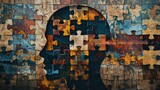 Fototapeta Młodzieżowe - Human head profile with jigsaw puzzles. Mental health, brain problem, personality disorder, cognitive psychology and psychotherapy, problem-solving, thinking, self-discovery concept background