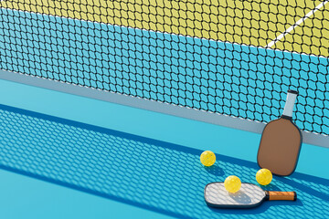 Canvas Print - Pickleball rackets and balls near the sports net. 3D rendering