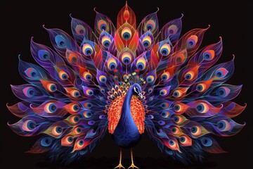 Wall Mural - A peacock with colorful feathers on a black background.