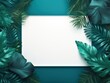 Teal frame background, tropical leaves and plants around the teal rectangle in the middle of the photo with space for text