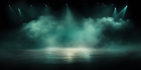 Wall Mural - Teal stage background, teal spotlight light effects, dark atmosphere, smoke and mist, simple stage background, stage lighting, spotlights,