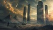 Cryptic alien monoliths emitting dark pulses, otherworldly encounter, eerie landscape