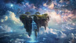 Floating island with a waterfall of stars, celestial landscape