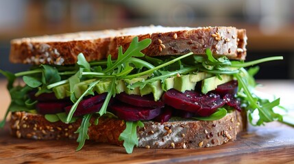 Wall Mural - Fresh beet, avocado, and arugula sandwich - vibrant vegetarian delight with wholesome ingredients, perfect for a healthy lunch or brunch scene