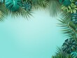 Tropical plants frame background with cyan blank space for text on cyan background, top view. Flat lay style. ,copy Space flat design vector illustration