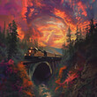 Train crossing a bridge in a fantastical twilight setting.