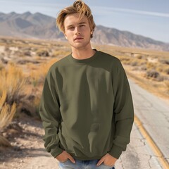 Wall Mural - Unisex sweatshirt product mockup, in the color military green on a handsome male model 