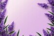 Tropical plants frame background with lavender blank space for text on lavender background, top view. Flat lay style. ,copy Space flat design