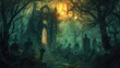 Fantasy Crypt in the Woods: Dark Graveyard with Crypt, Gravestones and Trees. Illustration Artwork 