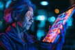 App preview over shoulder of a middle-aged woman holding a tablet with an entirely neon screen