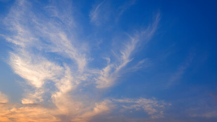 Wall Mural - Sunset sky with orange sunlight and softly fantasy cloud streaks look like mask shaped on horizon dusk blue sky background in the evening