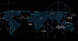 Image of mathematical equations against data processing over world map on black background