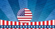 Image of circle with flag of usa over blue striped background with writings