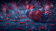Glittering hearts in red and adorned with the American flag pattern amidst sparkling bokeh lights, representing patriotic love and celebration.