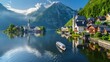 Classic Panoramic View of the Picturesque Old Town, Lake and Scenic Boat Cruise in Region at Sunrise