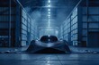 Secret prototype testing in an old hangar, vehicle under tarp, night, secretive and exclusive