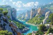 A panoramic vector illustration showcasing the expansive beauty of the Gorges du Verdon with verdant cliffs and a winding river, all under the gentle kiss of sunlight, AI Generated