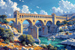 The majestic Pont du Gard, an ancient Roman aqueduct, is elegantly depicted in this AI-generated vector illustration. AI Generated.