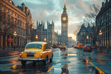 Fototapeta Big Ben - This vector illustration presents a classic yellow car driving down a London street with Big Ben in the evening light. AI Generated