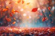 Evoke nostalgia with a close-up view of autumn leaves gently falling against a blurred, wide-angle background Utilize a mix of colored pencils to showcase the intricate textures and warm hues, creatin