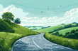 This vector image captures the essence of a winding road through green pastures, with birds in the sky adding a touch of wilderness - AI Generated.