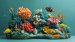 Design a clay sculpture portraying a serene underwater scene with colorful coral reefs and exotic fish from an eye-level angle Utilize a subtle, shifting color gradient background to emulate the tranq