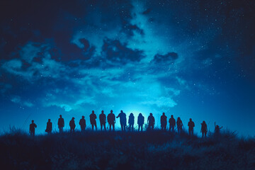 A group of people are standing on a hill at night, looking up at the sky