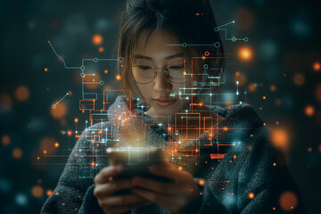 Wall Mural - a woman is looking at her cell phone in a blurry, colorful background