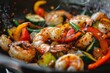 Wok with Grilled Vegetables, Tiger Shrimps or Prawns and Squid Rings Close Up, Fried Seafood