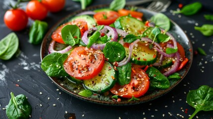Wall Mural - Fresh and vibrant vegetable salad with tomato, cucumber, onion, spinach, lettuce, and sesame on plate. Healthy diet menu concept, top view