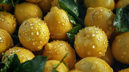 Wall Mural - Luscious lemons: overhead close-up revealing glistening water droplets