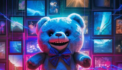 Wall Mural - Large vampire teddy bear smiling while standing in front of a wall of photographs AI Generated