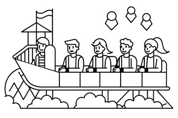 People are seen riding on the midway at a fair in an illustration, line art, vector illustration