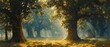 Capture the serene beauty of a misty forest with towering ancient trees in a traditional oil painting medium Show depth and detail in the foliage and play with light filtering through the leaves