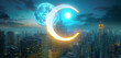 A neon moon icon glowing vibrantly against a backdrop of a futuristic city skyline at night, its light casting a soft luminescence on the buildings below. 32k, full ultra hd, high resolution