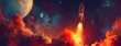Une fusée de style cartoon voyageant dans l'espace, atmosphère spatiale fantastique avec des textures détaillées et un arrière-plan coloré.