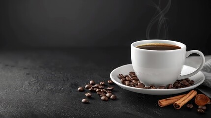 Wall Mural - Steaming espresso cup with fragrant cinnamon and roasted coffee beans for aromatic delight