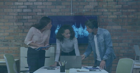 Poster - Image of graphs, trading board over diverse coworkers discussing blueprint over laptop in office