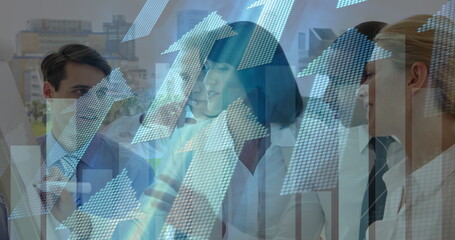 Canvas Print - Image of financial data processing and arrows over diverse business people in office