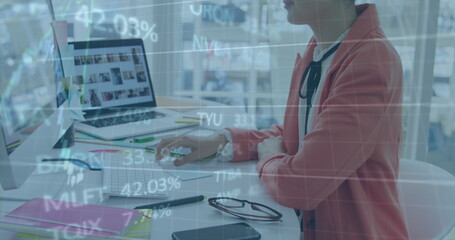 Poster - Image of financial data processing over businesswoman using computer