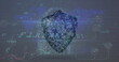Image of cyber security data processing over security shield icon against world map