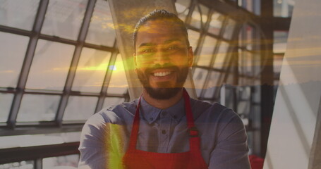 Sticker - Image of landscape over biracial male barista