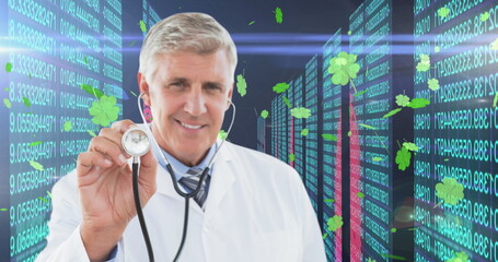 Canvas Print - Image of data processing and clovers over caucasian male doctor