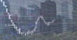 Image of multiple graphs and stock market data over low angle view of modern skyscrapers in city